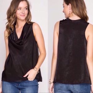 NWOT BLACK SLEEVELESS COWL NECK BLOUSE, SATIN SHIFT TANK, SIZE MEDIUM TOP, NEW